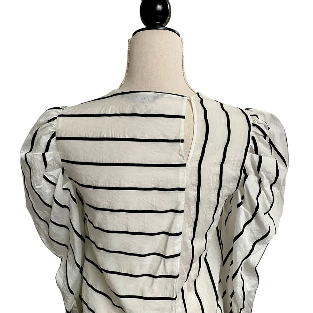 Zara Striped Puff Sleeve Top Black White Statement Sleeve Blouse XS